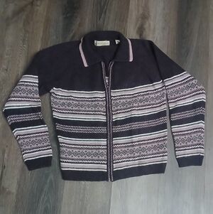 Vintage Purple Fair Isle Full Zip Sweater Marsh Landing Raime Wool Blend Size L